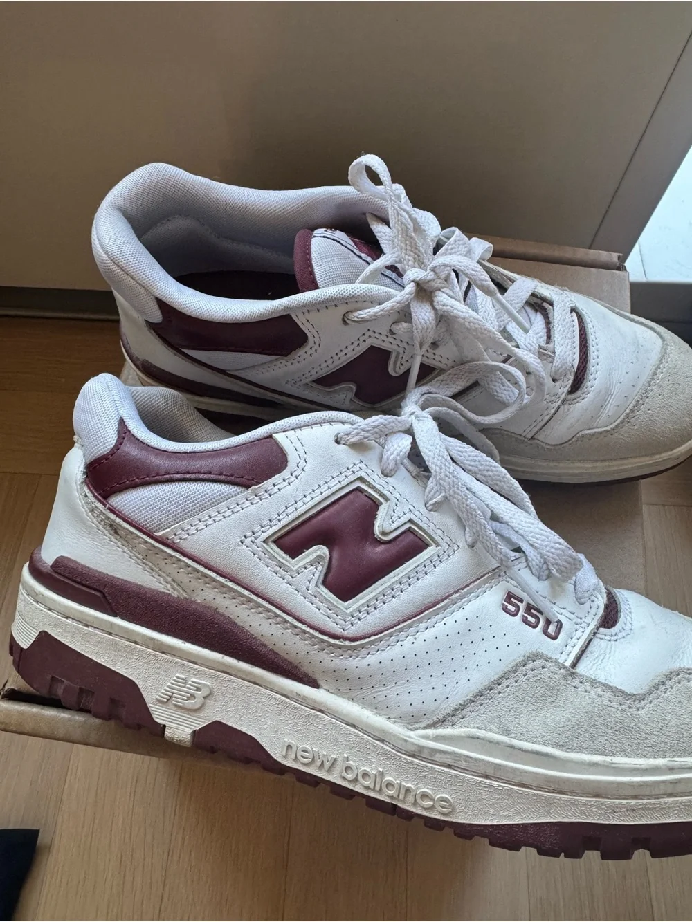 New Balance White and Burgundy Retro 550 Sneakers
